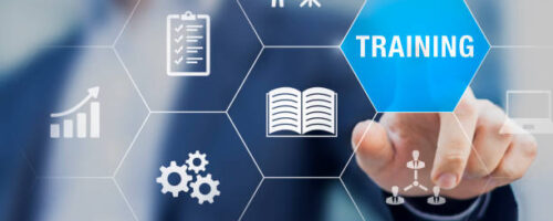 Training and skill development concept with icons of online course, conference, seminar, webinar, e-learning, coaching. Grow knowledge and abilities.